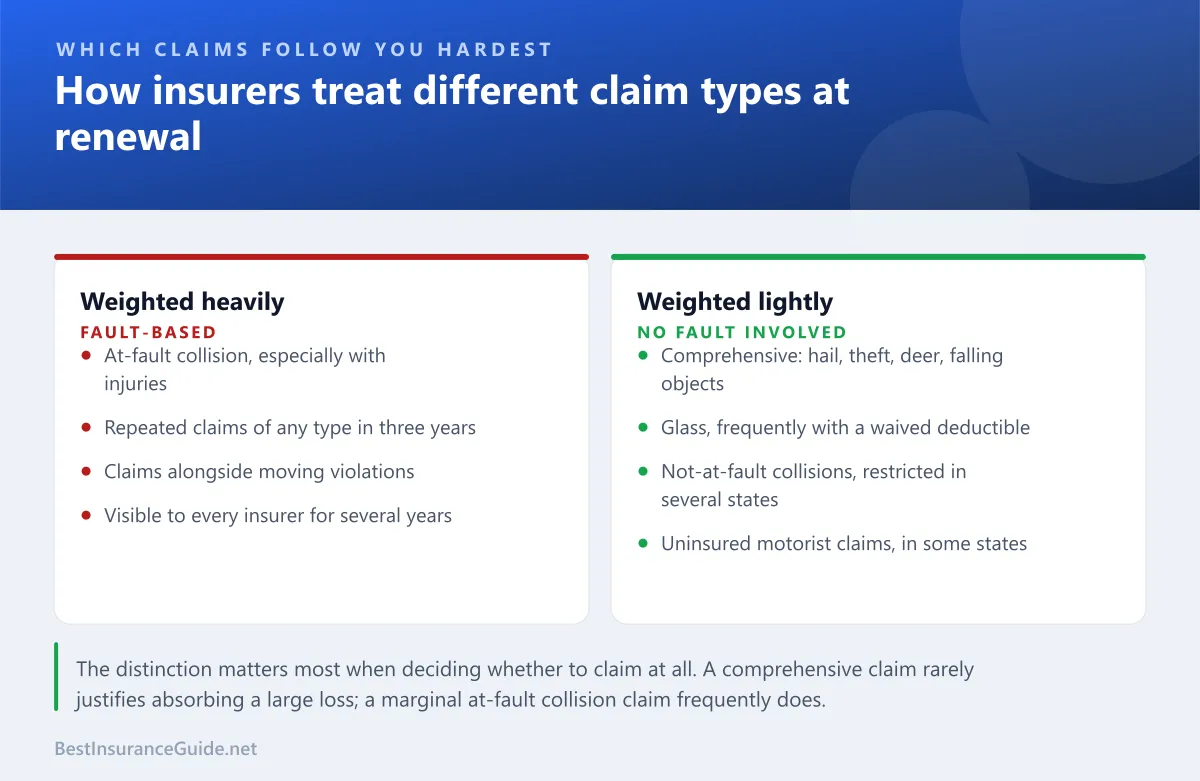 Comparison panel showing how different car insurance claim types are treated at renewal, from at-fault collision through to glass and comprehensive