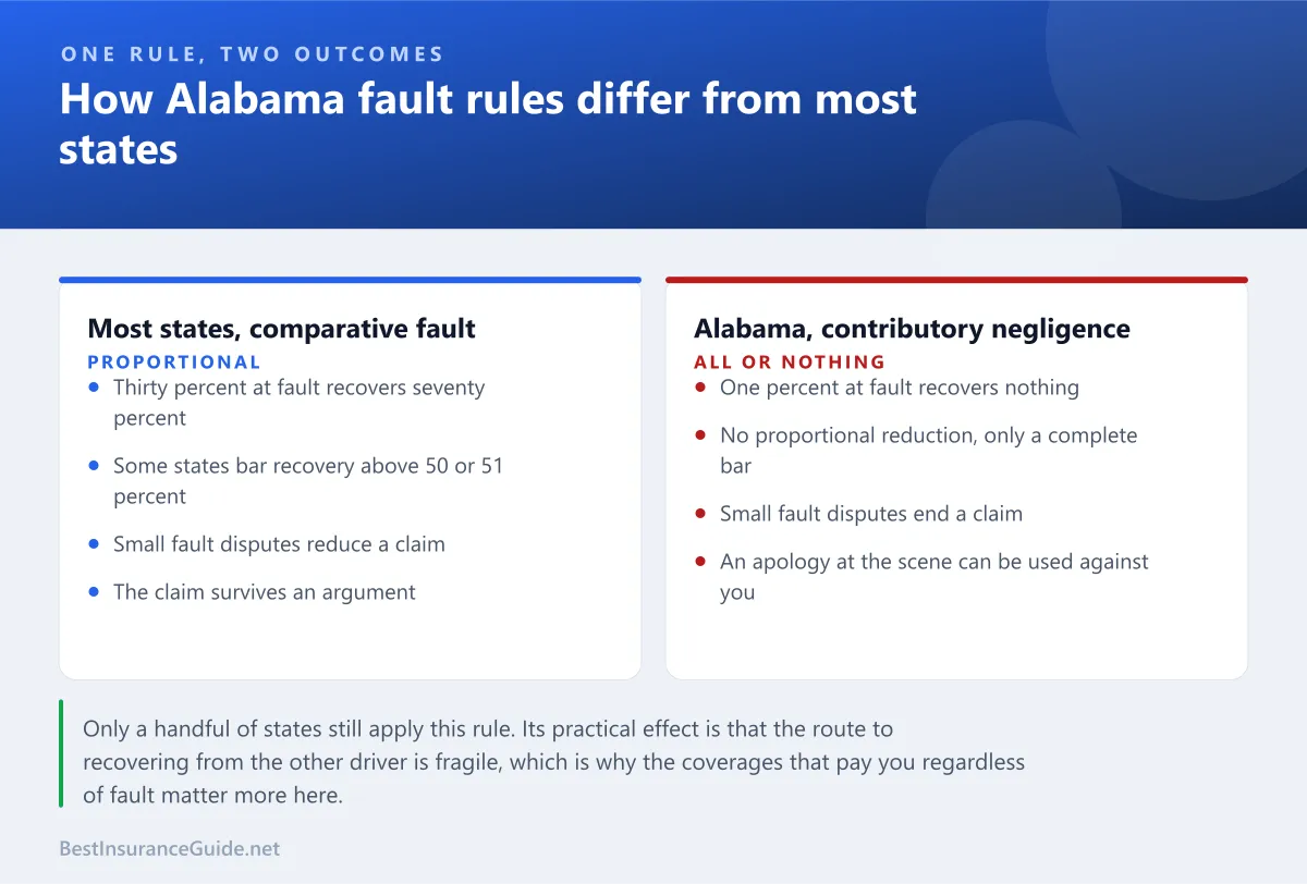 Comparison panel showing how Alabama contributory negligence differs from comparative fault systems used in most other states