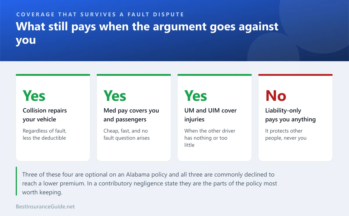 Statistics panel showing which Alabama coverages pay regardless of the fault argument and which depend on winning it