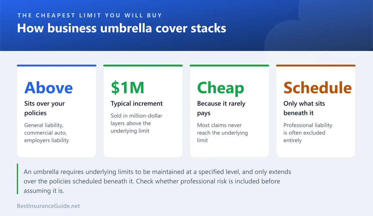 Statistics panel showing how business umbrella insurance sits above underlying policies and what additional limit typically costs