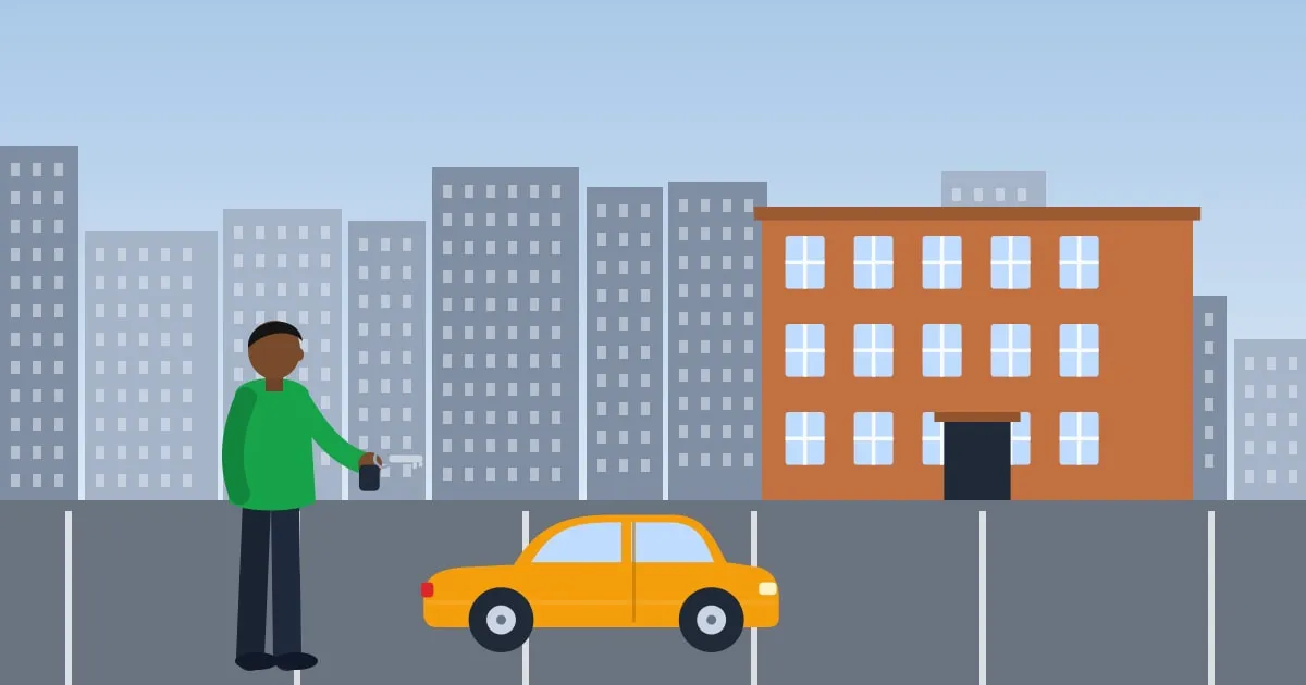 Illustration of a young driver standing beside his used hatchback in an apartment parking lot