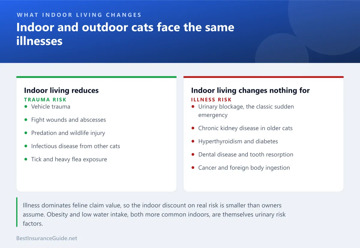 Comparison panel showing how indoor and outdoor cats differ on trauma risk while sharing the same illness risk