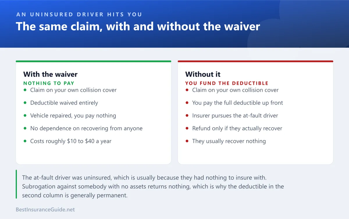 Comparison panel showing what happens after an uninsured driver hits you, with and without a collision deductible waiver