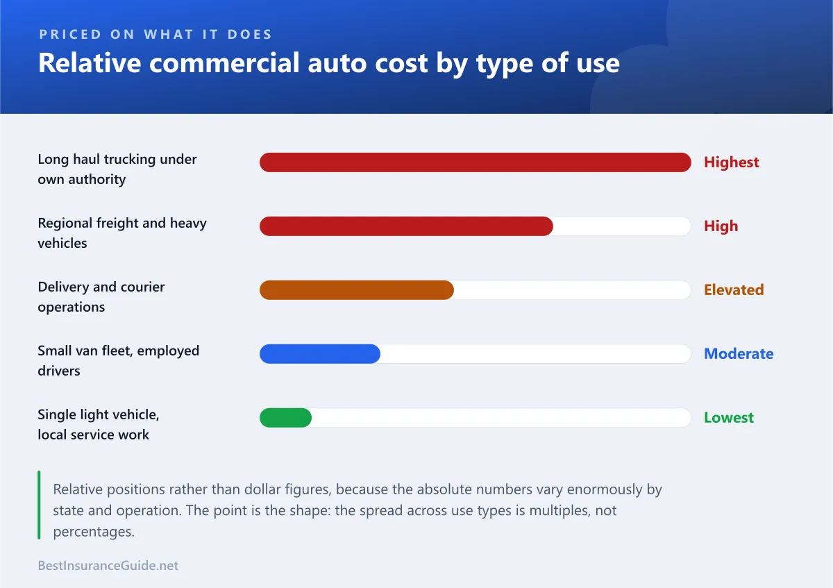 Bar chart showing the relative cost of commercial auto insurance across different types of business use, from local service work to long haul trucking