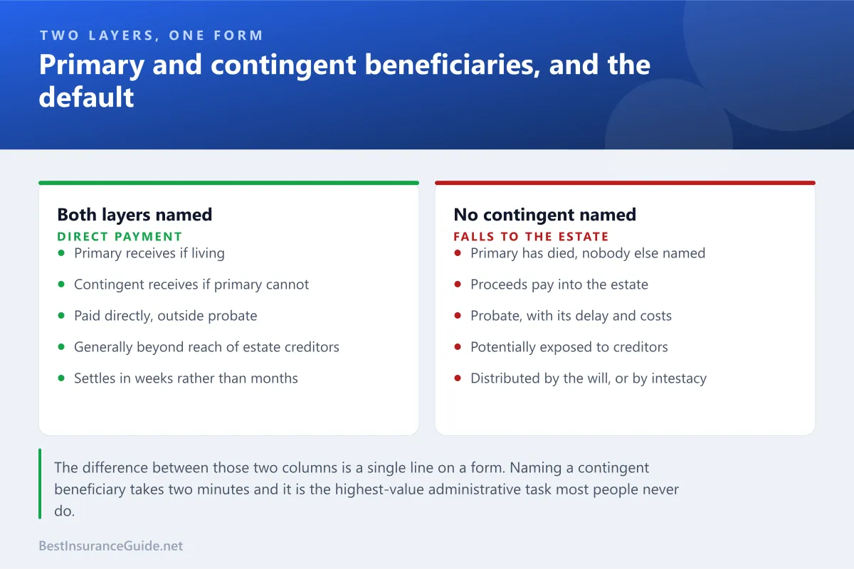 Comparison panel showing how primary and contingent beneficiary designations work and what happens when neither can receive