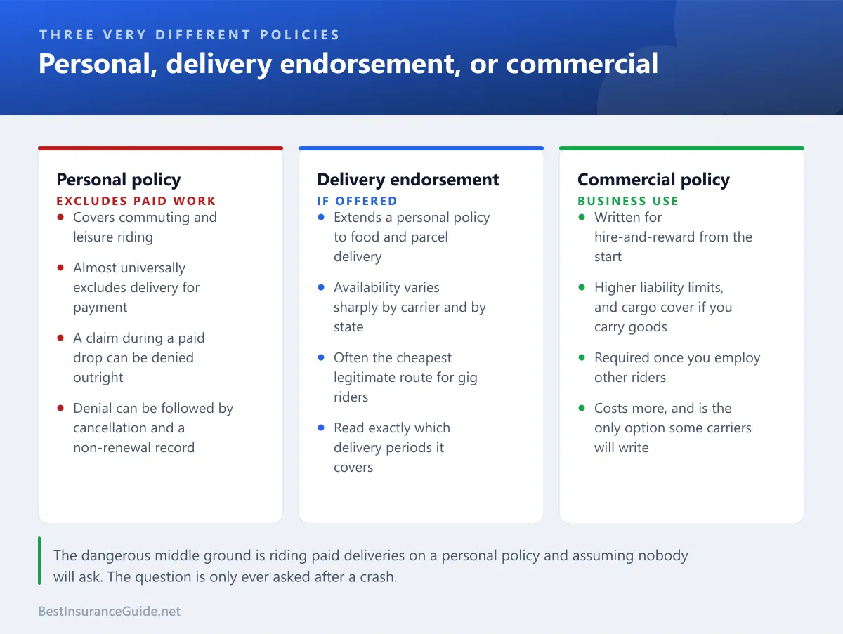Comparison of a personal policy which excludes paid work, a delivery endorsement where offered, and a commercial policy written for hire and reward