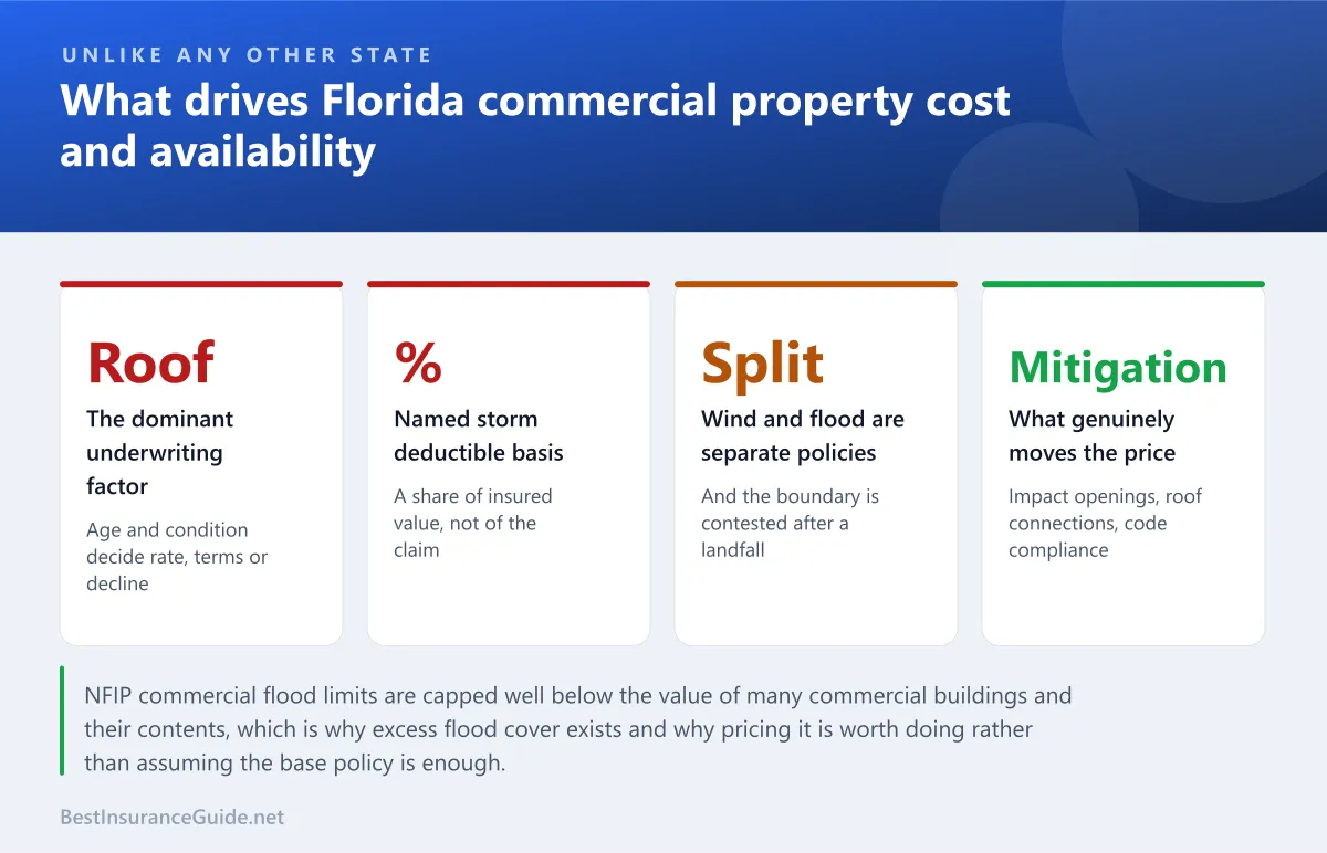 Statistics panel showing the factors driving Florida commercial property insurance cost and availability