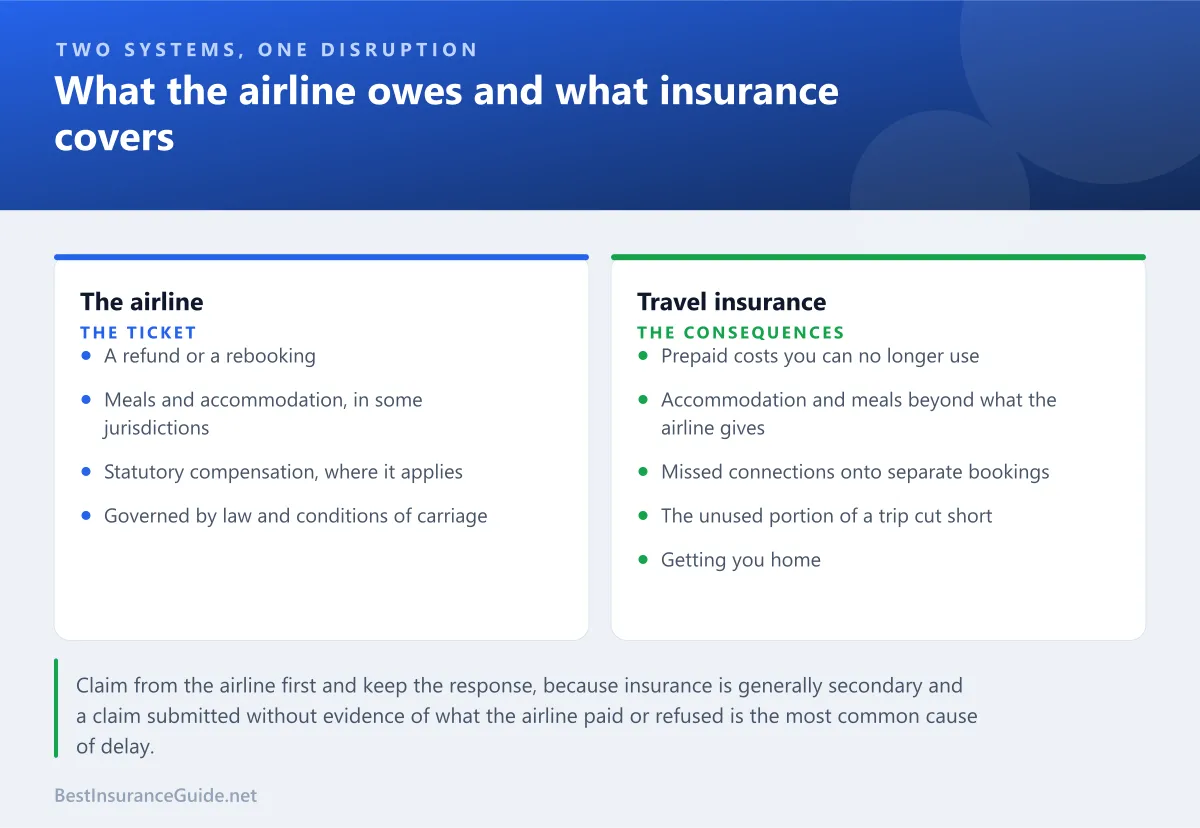 Comparison panel showing what the airline is responsible for after a cancelled flight and what travel insurance covers