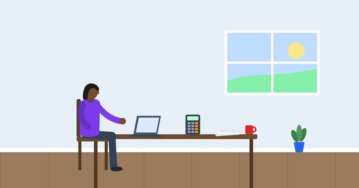 Illustration of a woman at a home office desk comparing two health plan options on a laptop with a calculator and paperwork