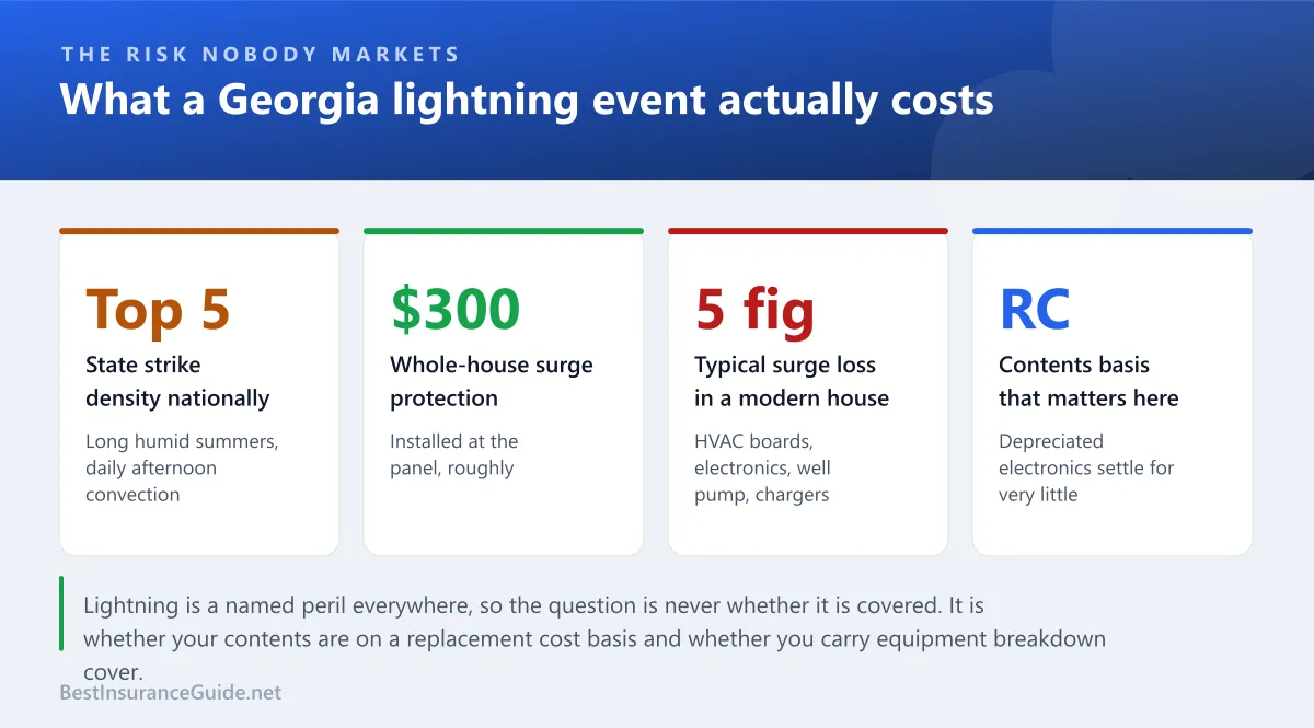 Statistics panel showing what a Georgia lightning strike typically costs across structure fire, electronics and HVAC damage