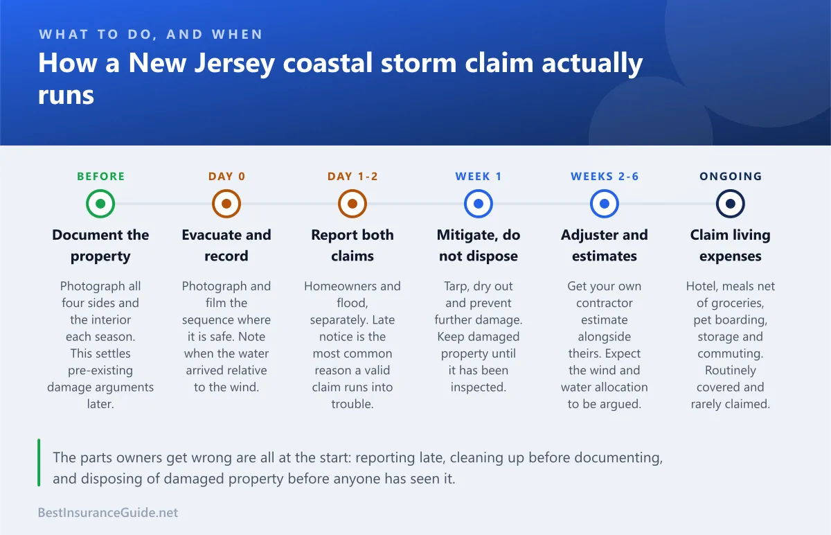Timeline showing how a New Jersey coastal storm claim progresses from evacuation through to final settlement, and what the homeowner should be doing at each stage