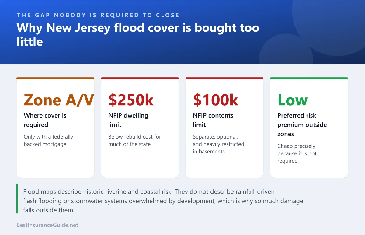 Statistics panel showing the New Jersey flood coverage gap, including the share of flood losses occurring outside mapped high-risk zones and the cost of a preferred risk policy