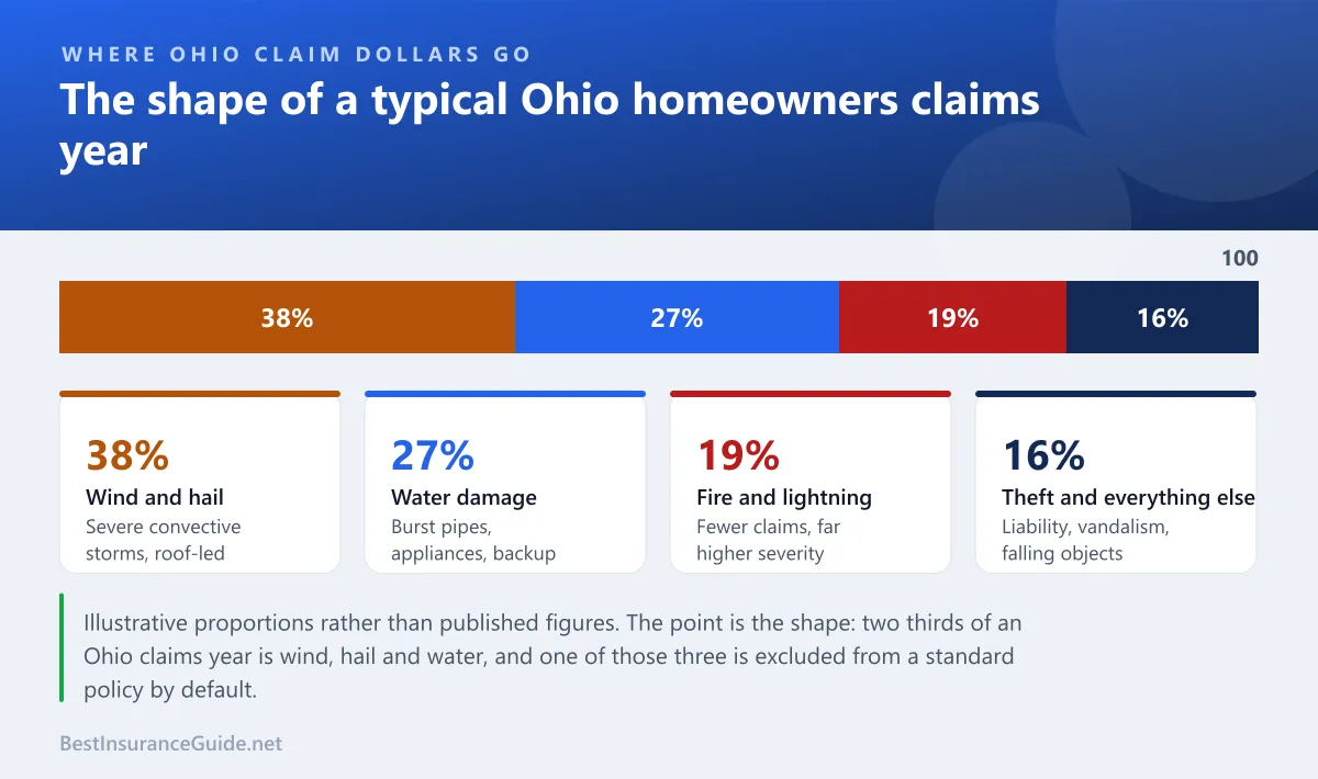 Proportional breakdown of what drives homeowners insurance claims in Ohio, split between wind and hail, water damage, fire and everything else