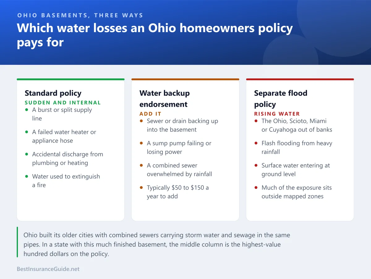 Comparison panel showing which water losses an Ohio homeowners policy covers as standard, which need the water backup endorsement, and which need separate flood insurance
