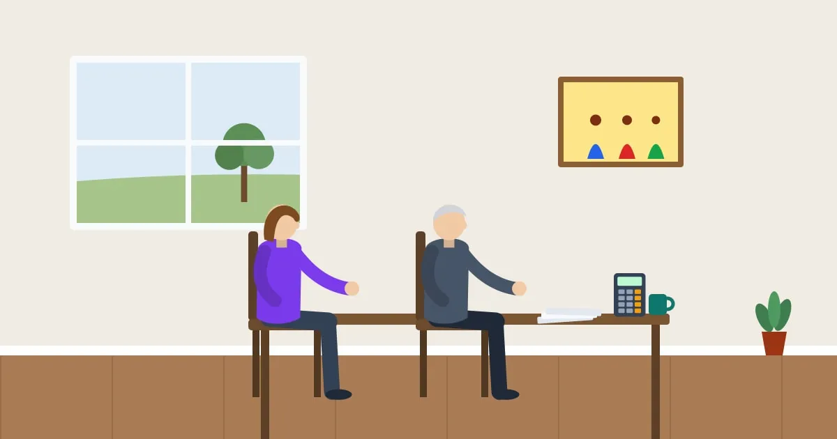 Illustration of an adult daughter and her father comparing funeral home price lists at a table by a sunny window