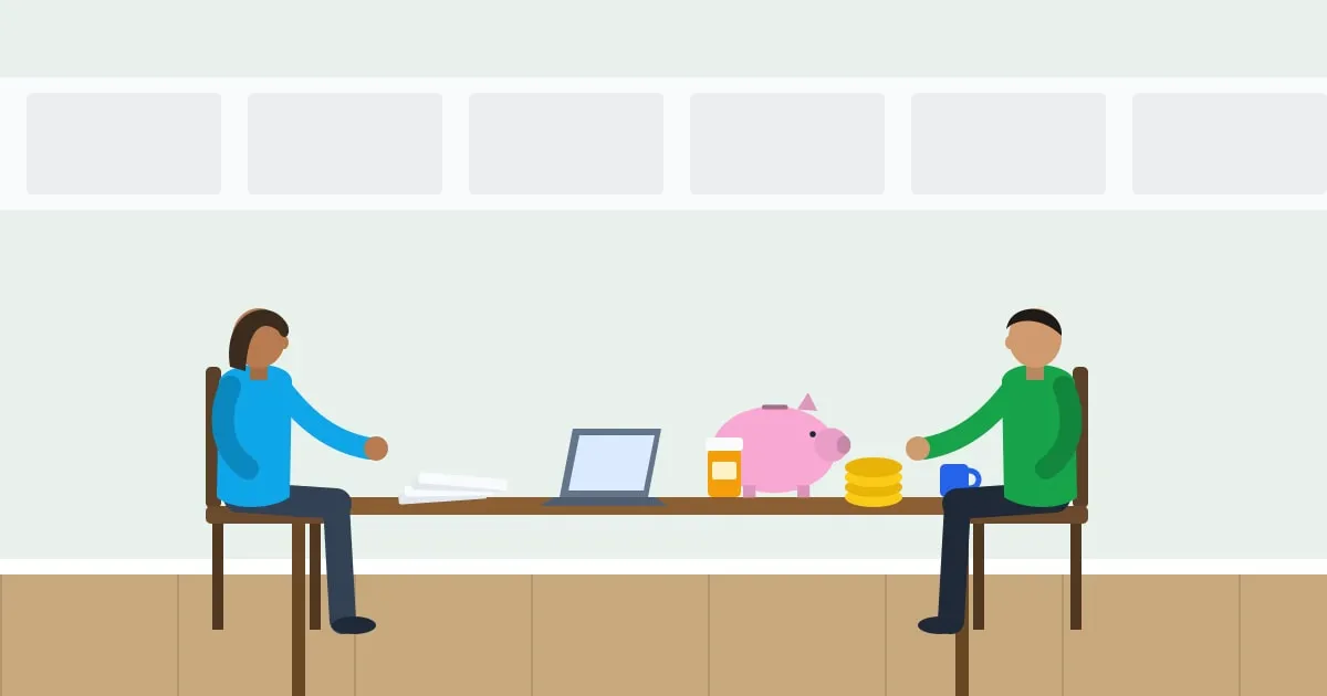 Illustration of a couple at a kitchen table comparing workplace benefit options on a laptop, with a piggy bank and medical receipts beside them