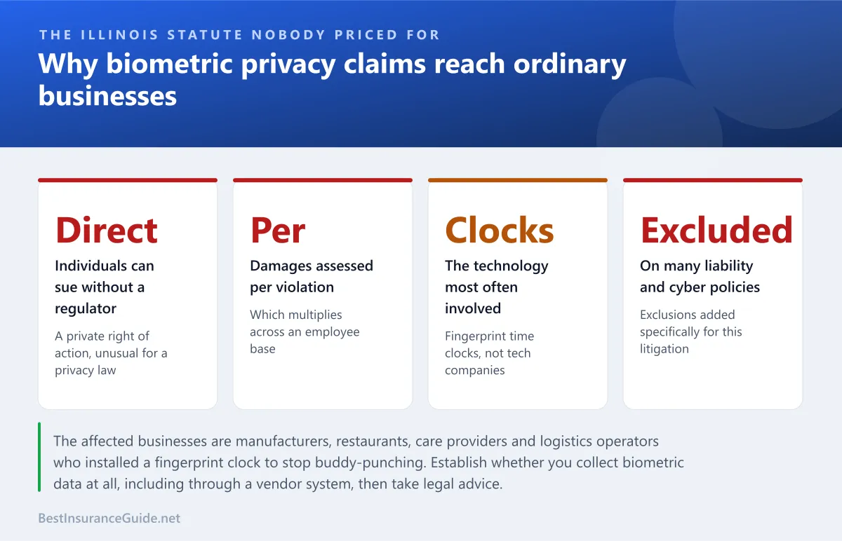 Statistics panel showing why the Illinois biometric privacy statute produces disproportionate claims against ordinary businesses