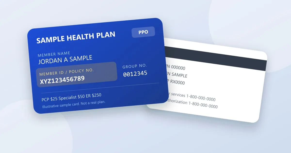 Illustration of the front and back of a sample health insurance card with the member ID and policy number field highlighted