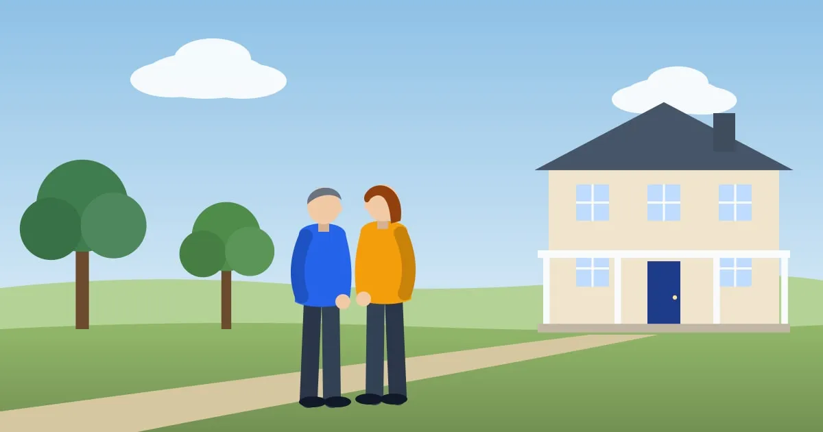 Illustration of a middle-aged couple standing together on the path in front of their home on a sunny afternoon