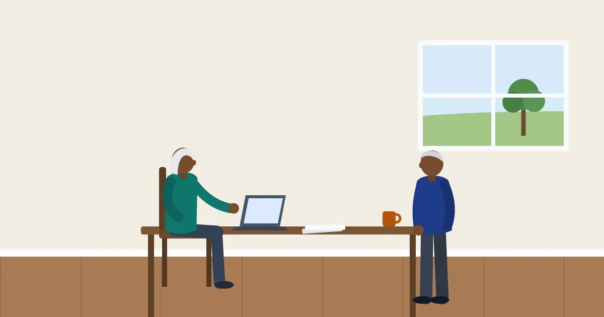 Illustration of a retired couple at home comparing life insurance options on a laptop by a sunny window
