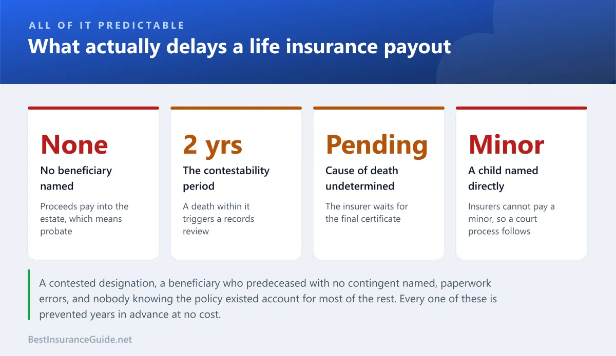 Statistics panel showing the most common causes of delay in a life insurance payout and how much time each one adds