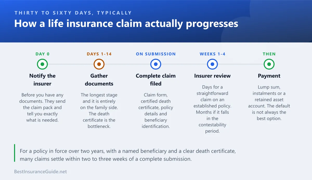 Timeline showing the stages of a life insurance claim from notification through to payment