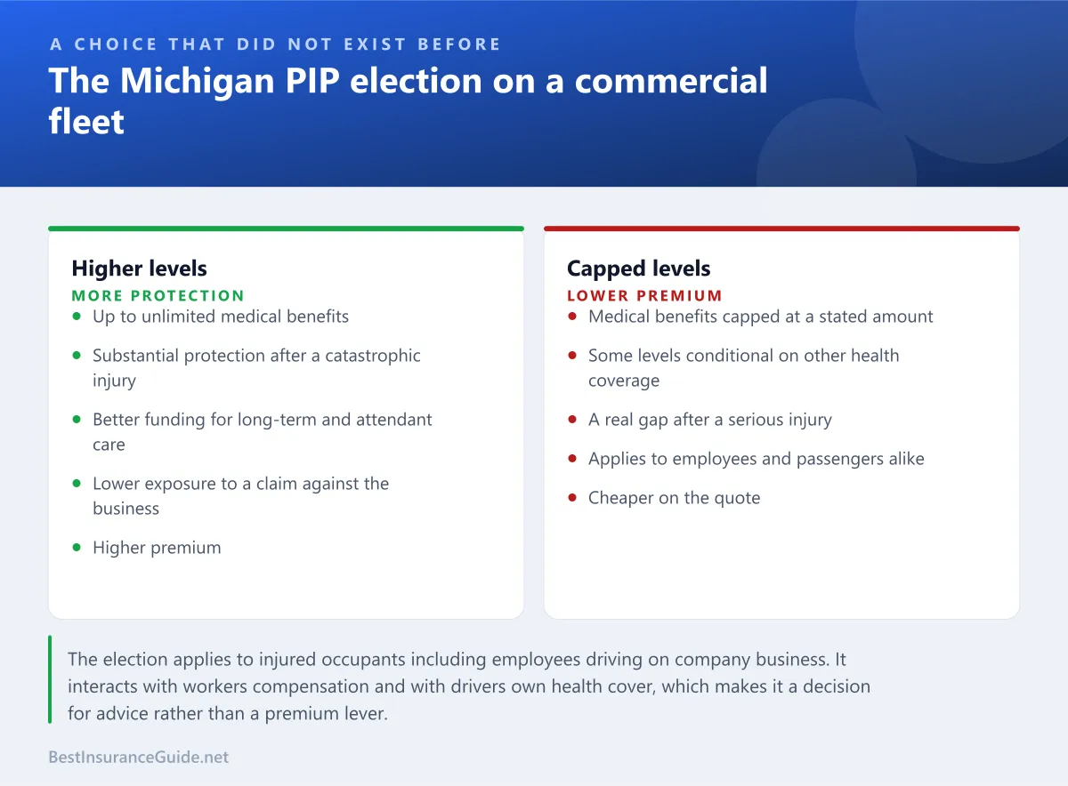 Comparison panel showing how the Michigan PIP election works for commercial vehicles and what each level means