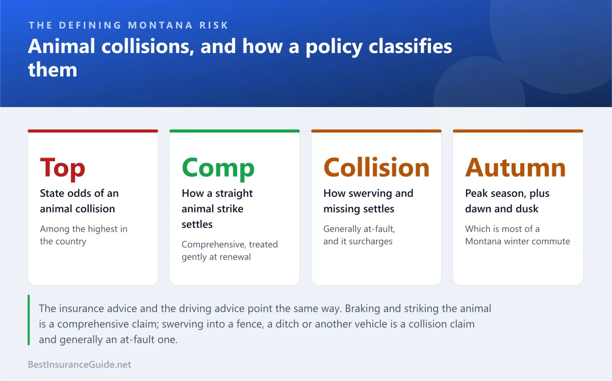 Statistics panel showing why animal collisions dominate the Montana vehicle risk picture, and how they are classified on a policy