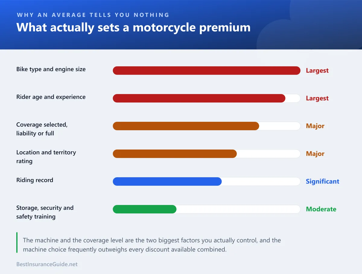 Bar chart showing the relative weight of the factors that set a motorcycle insurance premium, from bike type and rider age through to storage and safety training