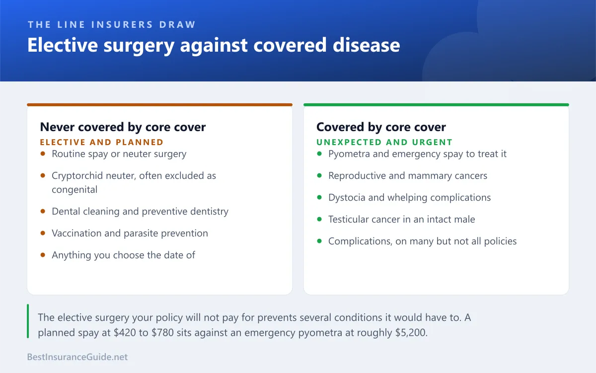Comparison panel showing why elective procedures like spay and neuter sit in a wellness rider while unexpected complications and reproductive disease sit in the core policy