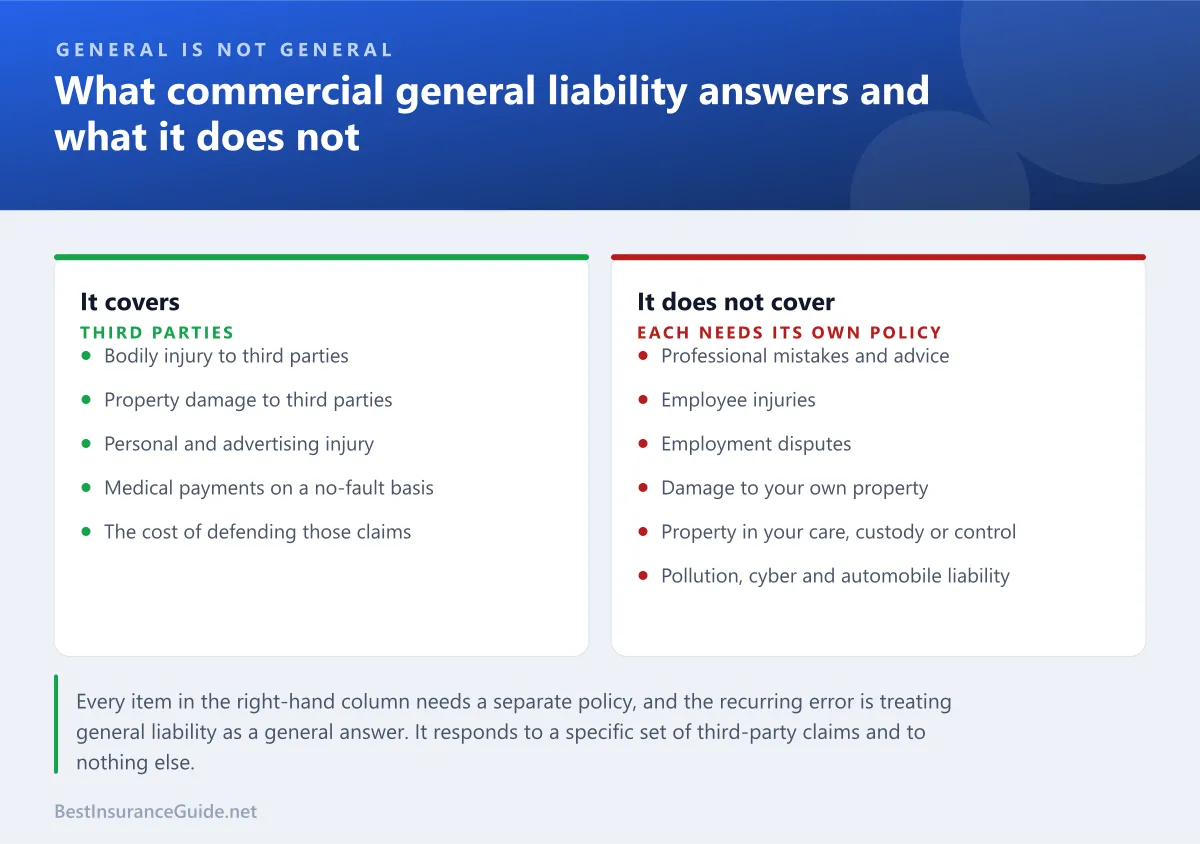 Comparison panel showing what commercial general liability covers and what it does not