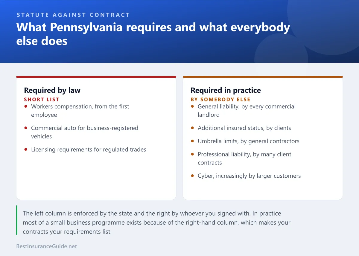 Comparison panel showing which business insurance Pennsylvania requires by law and which is required by contracts instead