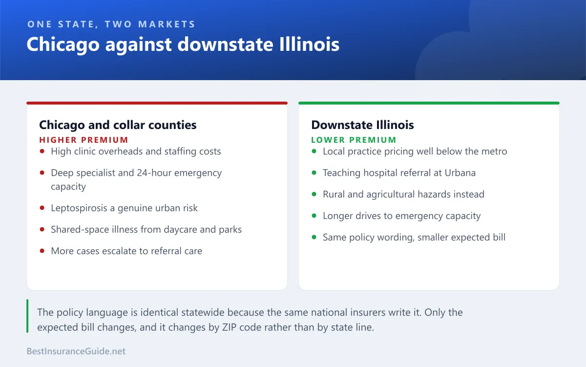 Comparison panel showing how pet insurance in Chicago differs from downstate Illinois on premium, specialist access and claim profile