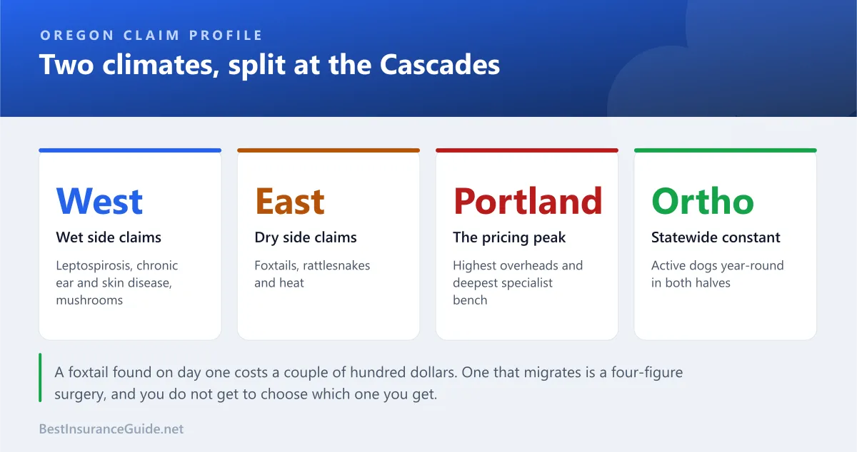 Statistics panel showing pet insurance cost drivers in Oregon, including Portland metro veterinary pricing, specialist concentration and outdoor injury claims