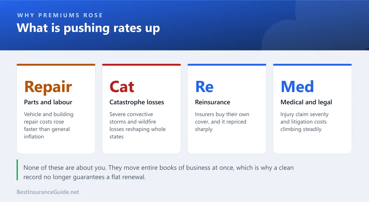 Panel showing four drivers of rate increases: repair costs, catastrophe losses, reinsurance pricing, and medical and legal costs