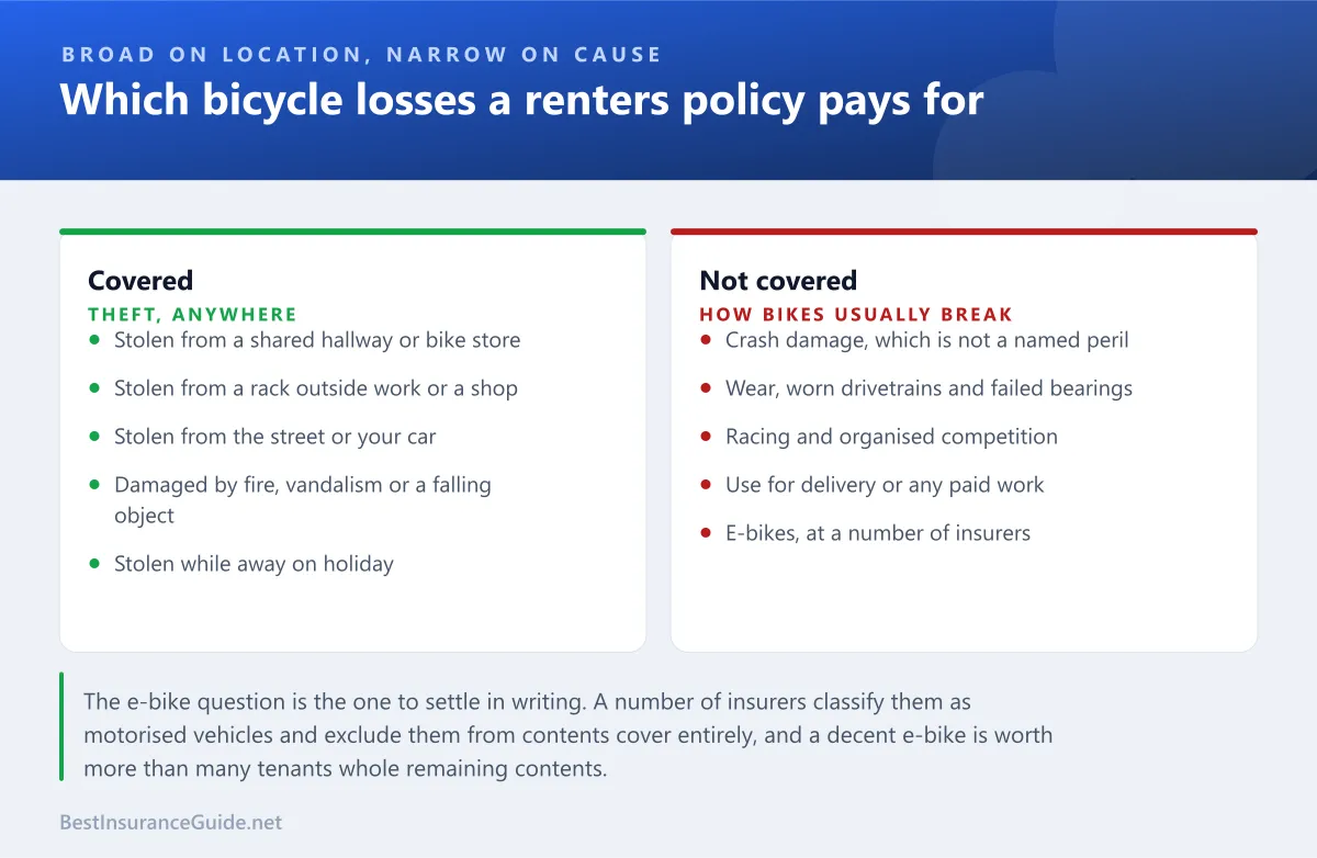 Comparison panel showing which bicycle losses a renters policy covers and which are excluded, including crash damage and e-bikes