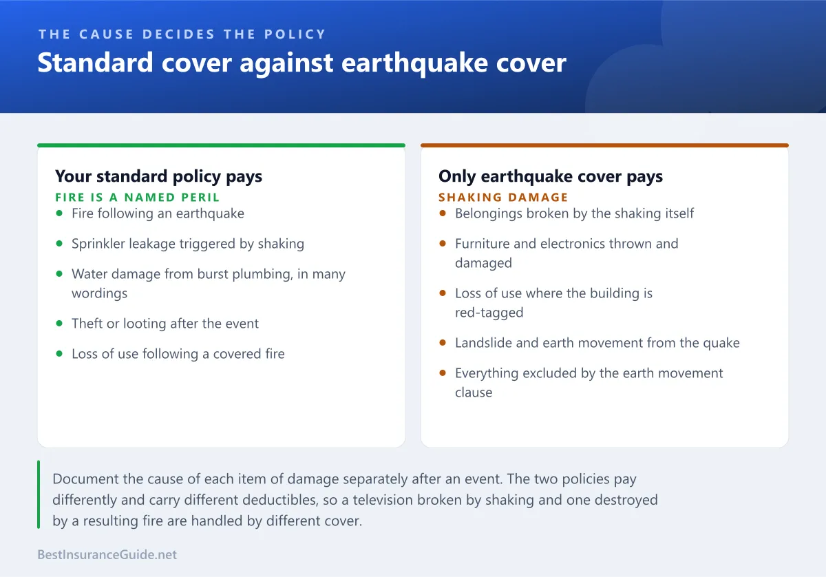 Comparison panel showing which earthquake-related losses a standard renters policy covers and which require separate earthquake coverage