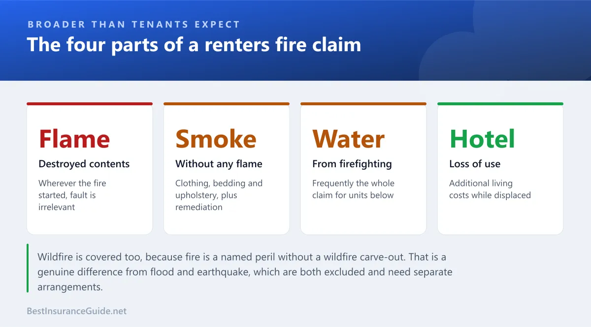 Statistics panel showing the four components of a renters fire claim: destroyed contents, smoke damage, firefighting water and loss of use