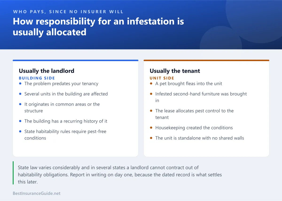 Comparison panel showing when a landlord is typically responsible for an infestation and when a tenant is