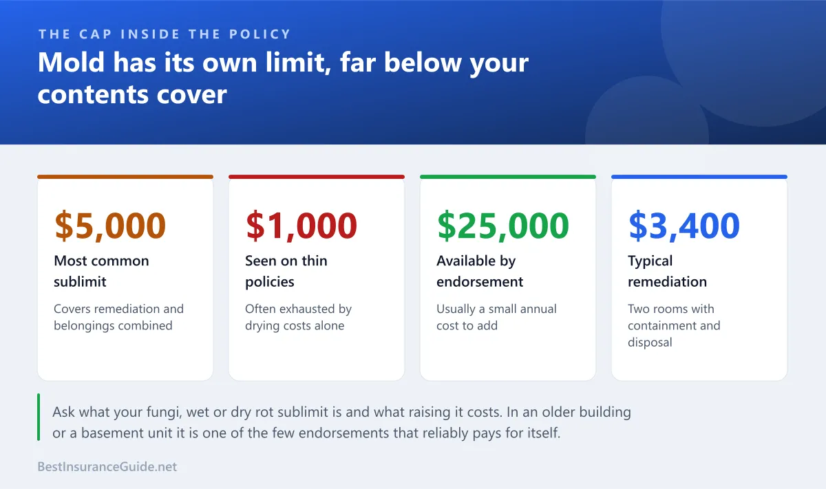 Statistics panel showing typical renters insurance mold sublimits, the common five thousand dollar cap, and what professional remediation actually costs