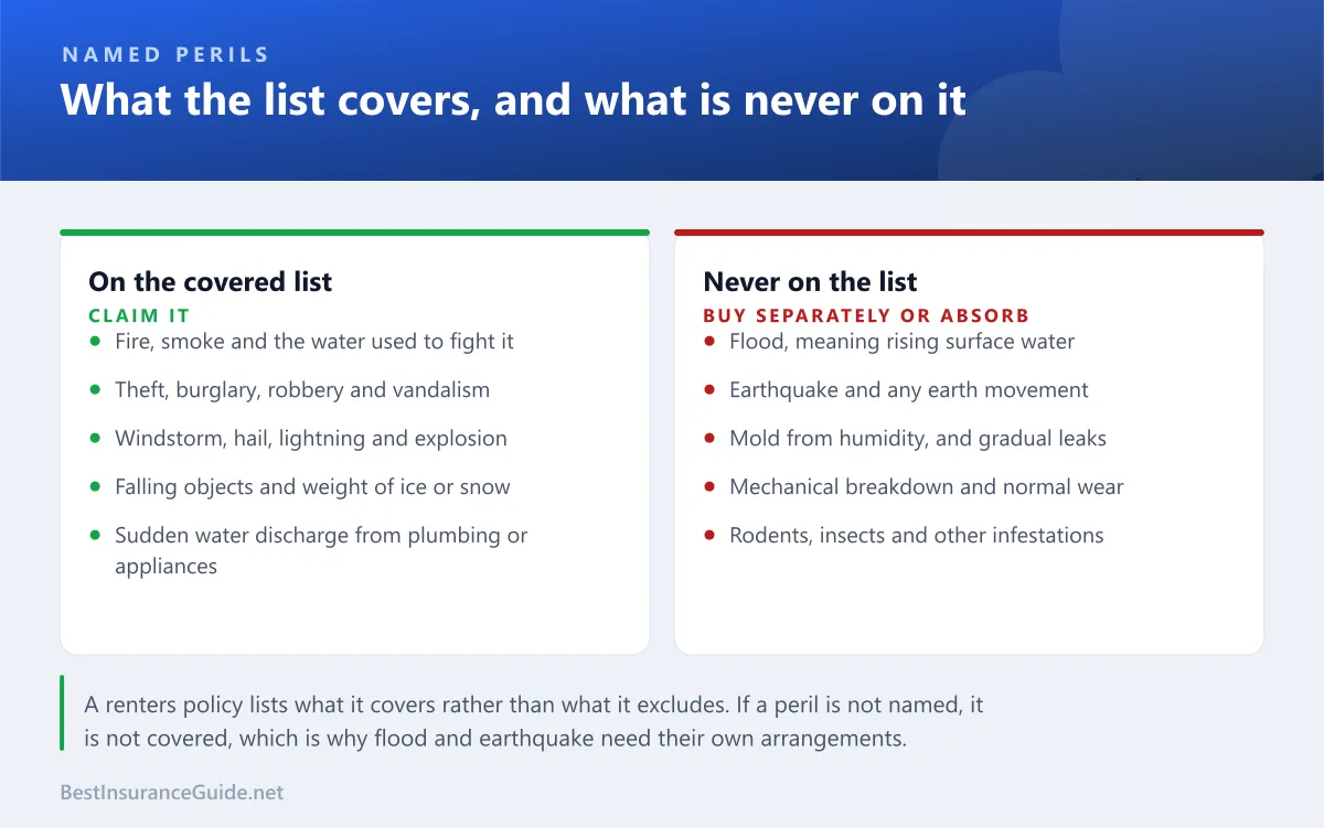 Comparison panel showing the named perils a renters policy covers against the major exclusions including flood, earthquake, pests and mechanical breakdown