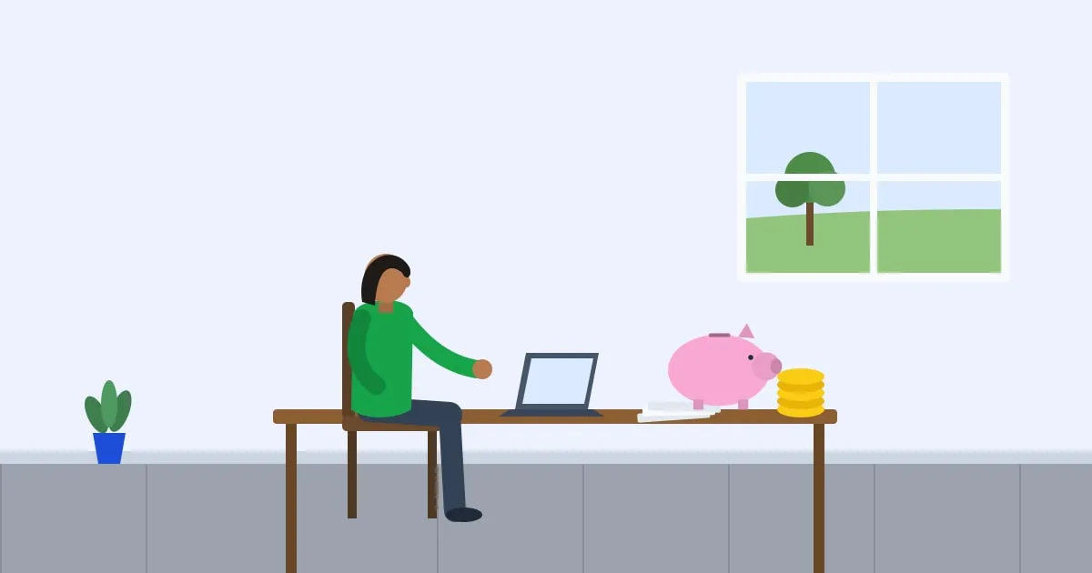 Illustration of a woman at her desk reviewing a term life policy, with a piggy bank and stacked coins beside her laptop