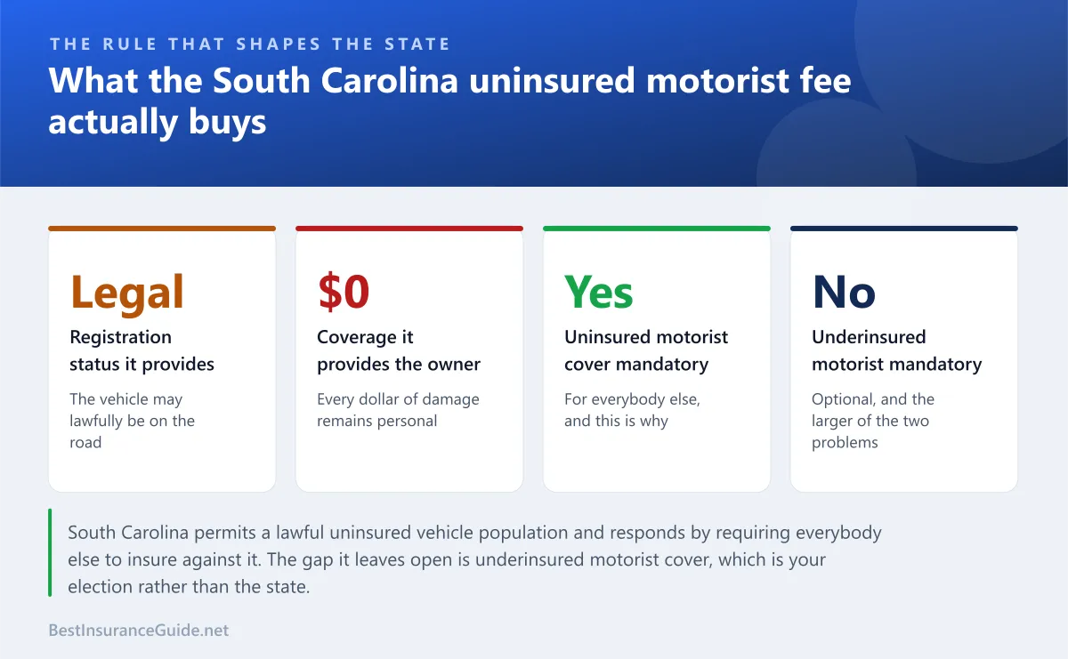 Statistics panel showing what the South Carolina uninsured motorist fee does and does not do for the owner who pays it