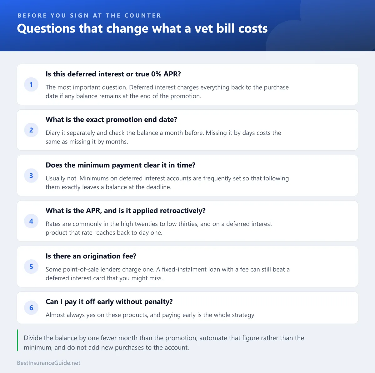 Checklist of financing options for a large vet bill, from asking the practice about payment plans through to charitable assistance funds